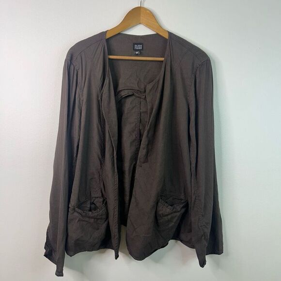 Eileen Fisher Jacket XL Brown Open Front Linen Blend Lightweight Utility Pockets - Picture 1 of 11